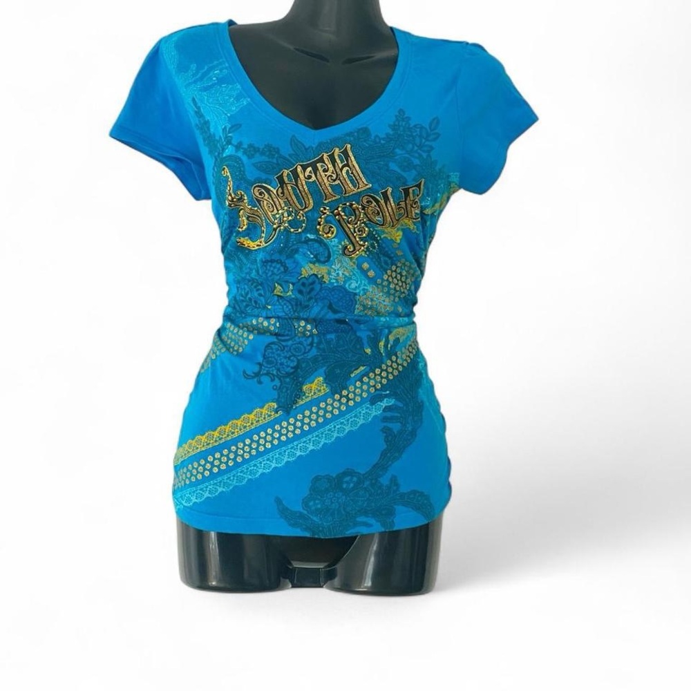 Blue & gold y2k SouthPole t shirt with rhinestone design